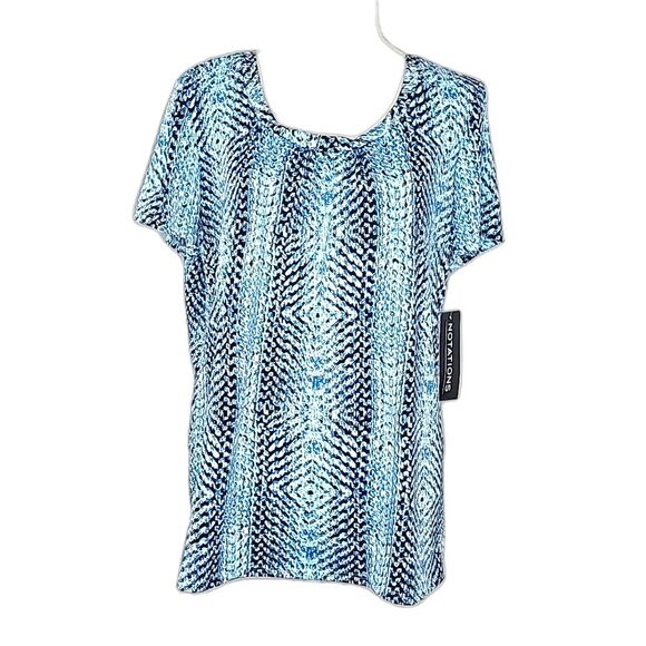 Blouse by Notations Blue Black White Print Scoop neck Short Sleeve Size XL NWT - Picture 1 of 7